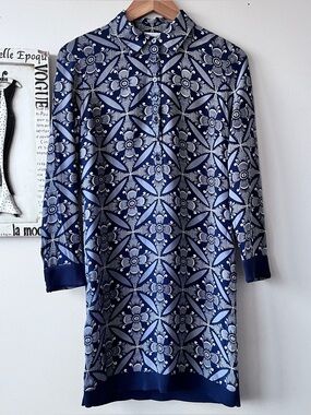 Diane Von Furstenberg Sorrel Navy White Long-Sleeve Floral Silk Dress size P